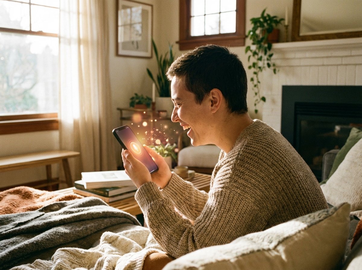 A person sitting in a cozy living room talking naturally to a glowing smart assistant interface on a smartphone, warm sunlight, lifestyle photography, 4:3