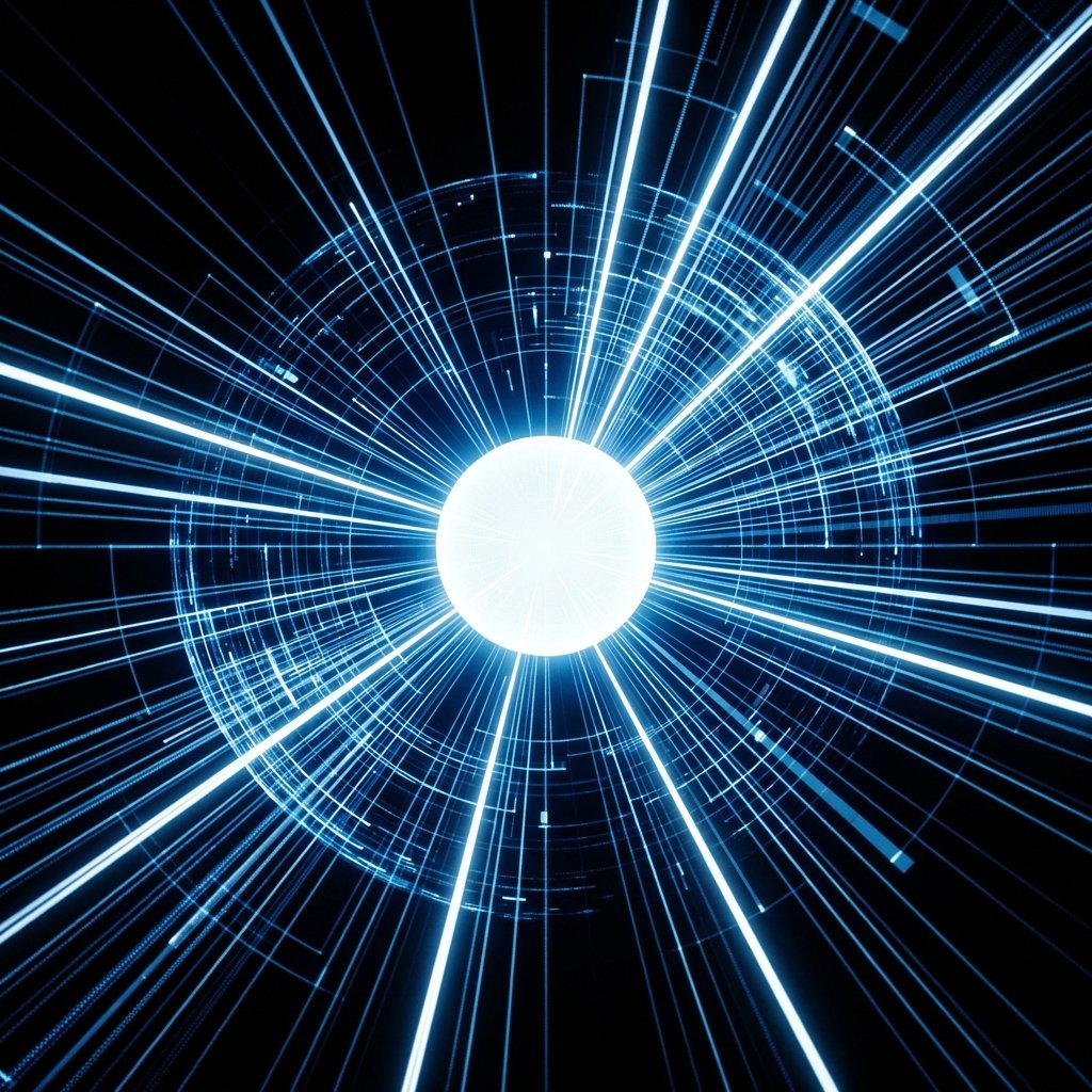 Abstract representation of global data streams and digital knowledge connecting to a central core, minimalist design, high contrast blue and white tones, 1:1