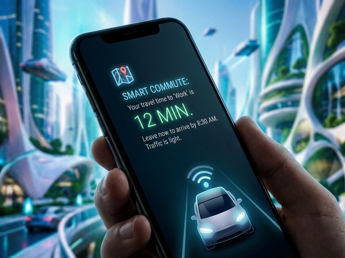 Close up of a smartphone screen showing a smart proactive notification about travel time, futuristic city background blurred, sleek and modern, 4:3