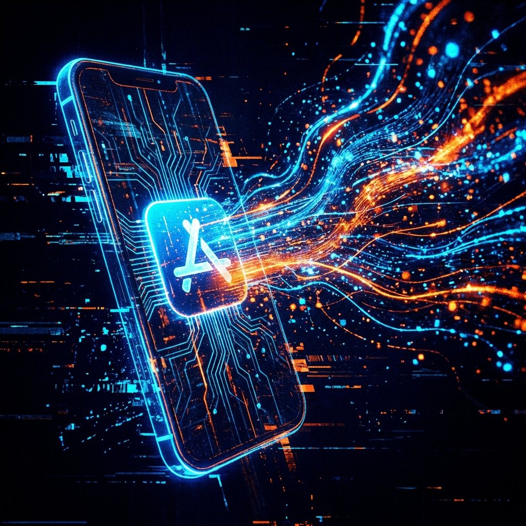 An abstract representation of digital data streams leaking from a smartphone app, high contrast, glowing digital blue and orange colors, no text, 1:1