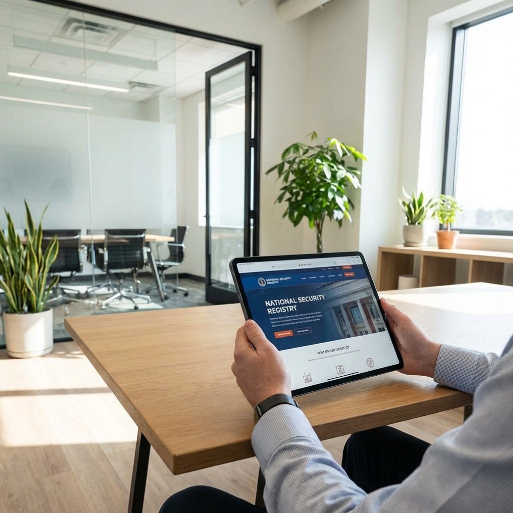 A person using a tablet to browse a security registry website in a modern office environment, natural lighting, clean composition, 1:1