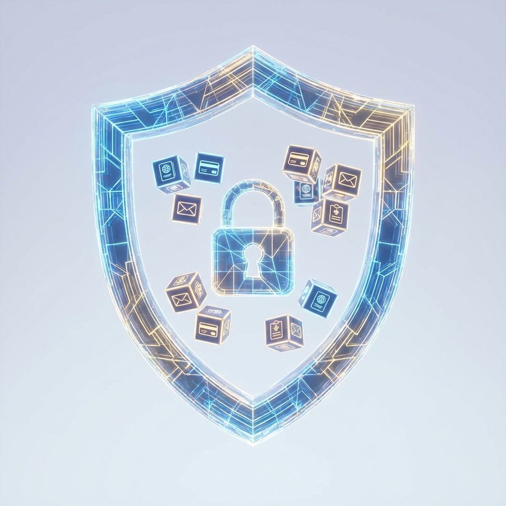 Secure digital shield protecting personal data packets, high-quality 3D render, minimalist background, bright and balanced lighting, 1:1
