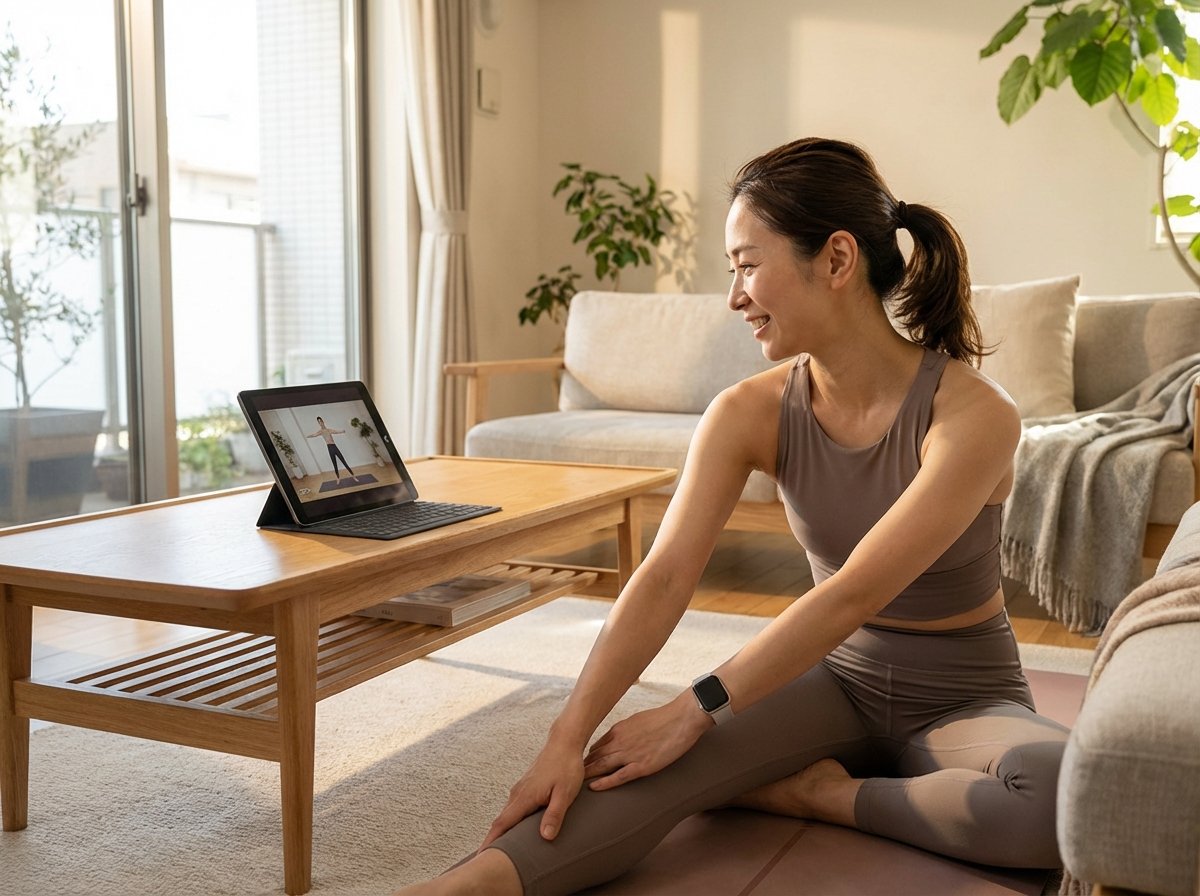 A natural lifestyle photography of a Japanese woman in her 30s exercising in a modern living room. She is following a workout on an iPad placed on a coffee table while wearing an Apple Watch. Warm natural lighting, cozy home atmosphere. 4:3