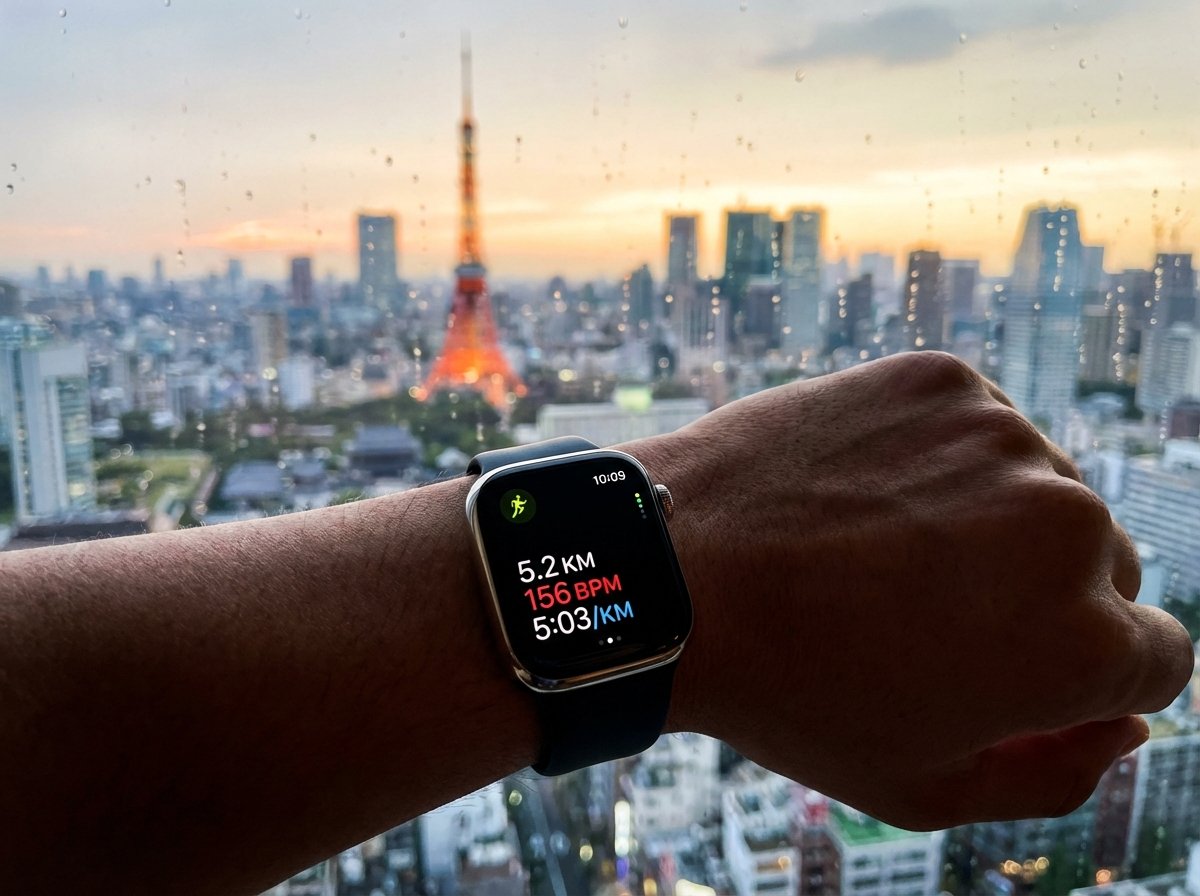 Close-up shot of a person's wrist wearing an Apple Watch Series 10 with a workout interface active. In the background, a blurred window view shows a Tokyo cityscape during sunset. High contrast, modern tech aesthetic. 4:3