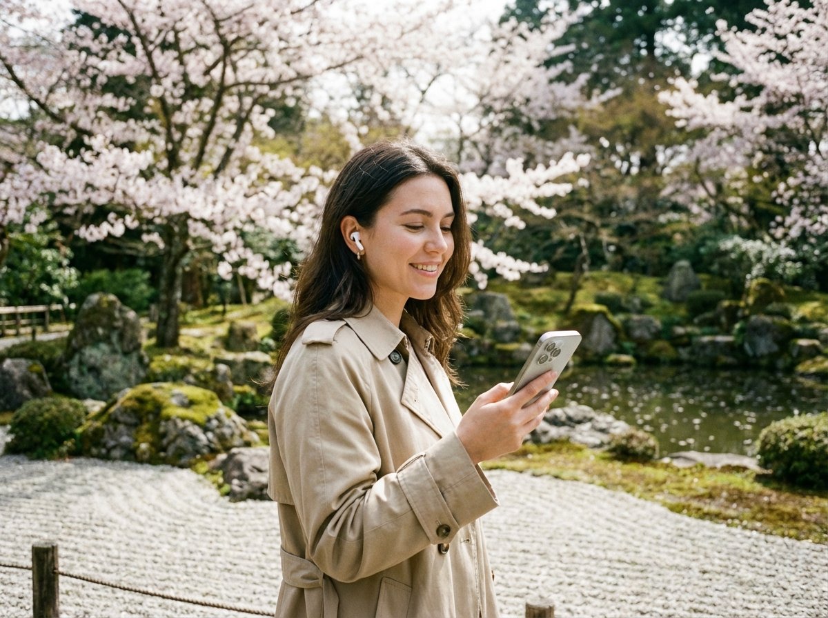 A realistic lifestyle image of a person wearing AirPods Pro walking through a serene Japanese zen park with cherry blossoms. They are holding an iPhone 17 Pro and looking peaceful. Soft daylight, detailed nature background. 4:3