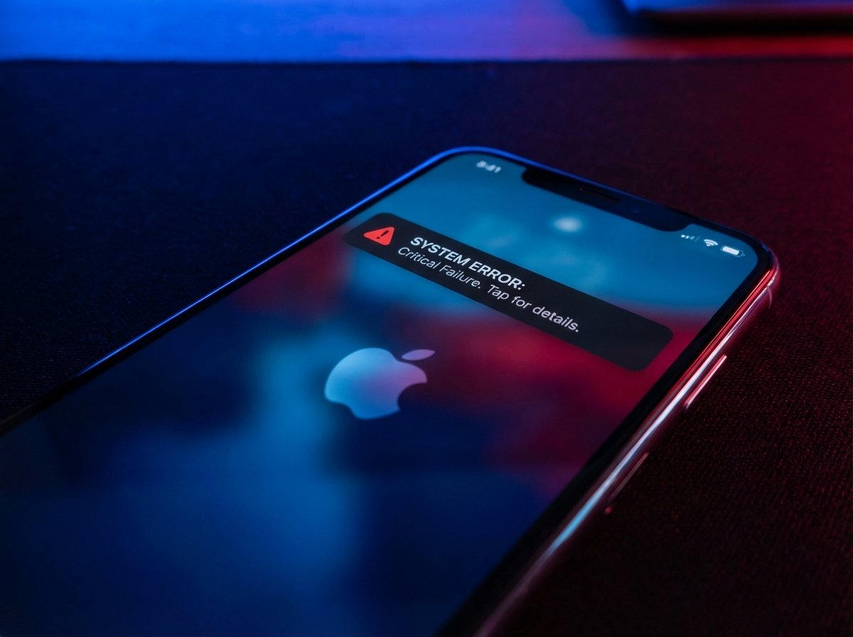 A sleek smartphone screen displaying a system error notification with a subtle Apple logo in the background, modern tech aesthetic, soft blue and red lighting, clean composition, high contrast, 4:3