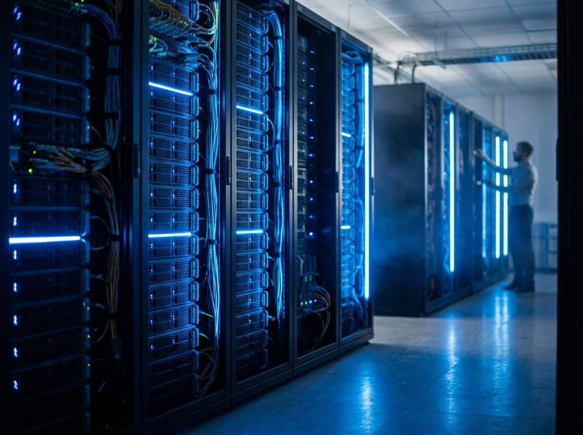 Professional server room with glowing blue LED lights on server racks, high tech infrastructure, depth of field, realistic cinematic lighting, no text, 4:3