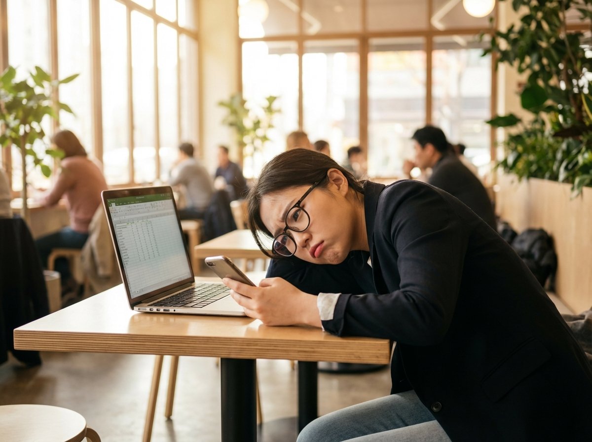 A young Korean professional sitting in a modern cafe with a laptop, looking slightly frustrated and checking a smartphone, warm ambient lighting, lifestyle photography, natural setting, 4:3
