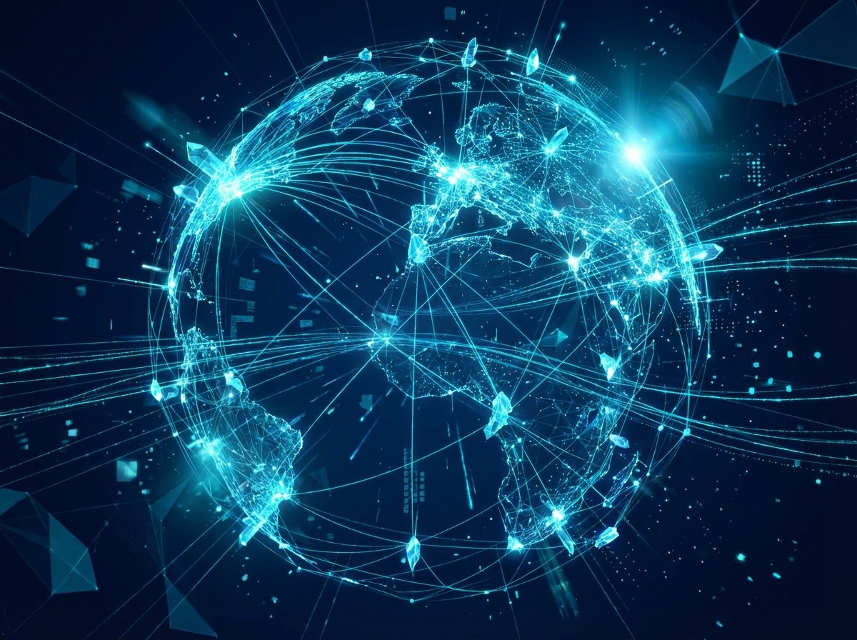 Abstract digital illustration of a global network with interconnected nodes and glowing lines, futuristic technology concept, dark navy background with cyan highlights, artistic rendering, 4:3