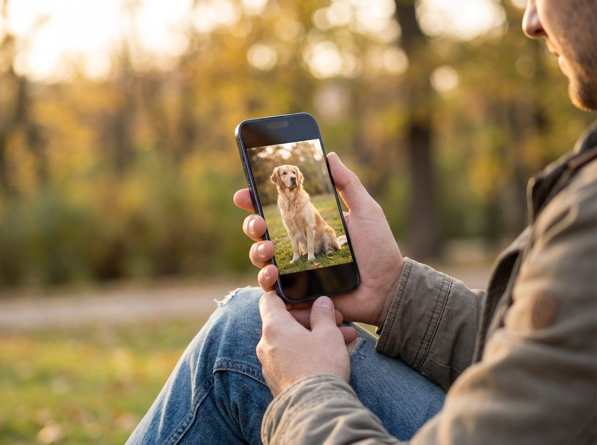 A person holding an iPhone 16 Pro Max, taking a high-quality portrait of a golden retriever in a park with soft sunlight, creamy blurred background, natural lifestyle photography. 4:3