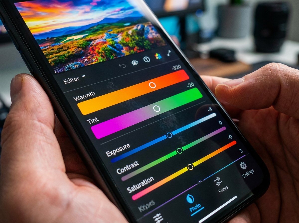 Close up of a smartphone screen showing a professional photo editing interface with colorful sliders for warmth and tint, vibrant aesthetic, high resolution. 4:3