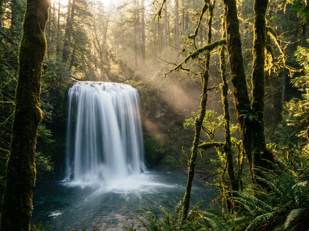A beautiful long exposure shot of a waterfall in a lush forest, silky smooth water effect, cinematic lighting, professional nature photography. 4:3