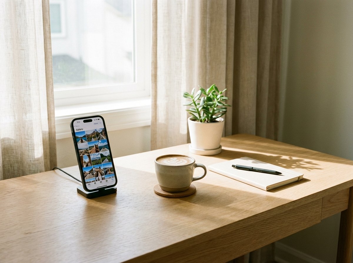 A clean and organized minimalist home office desk with an iPhone showing a photo gallery, a cup of coffee, bright natural lighting, aesthetic workspace. 4:3