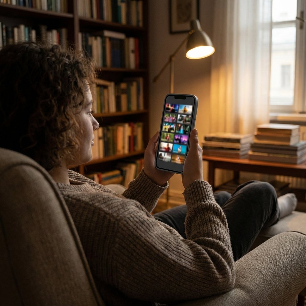 A young person holding a modern smartphone vertically, watching a streaming app interface with colorful thumbnails, cinematic lighting, cozy indoor setting, no text, 1:1