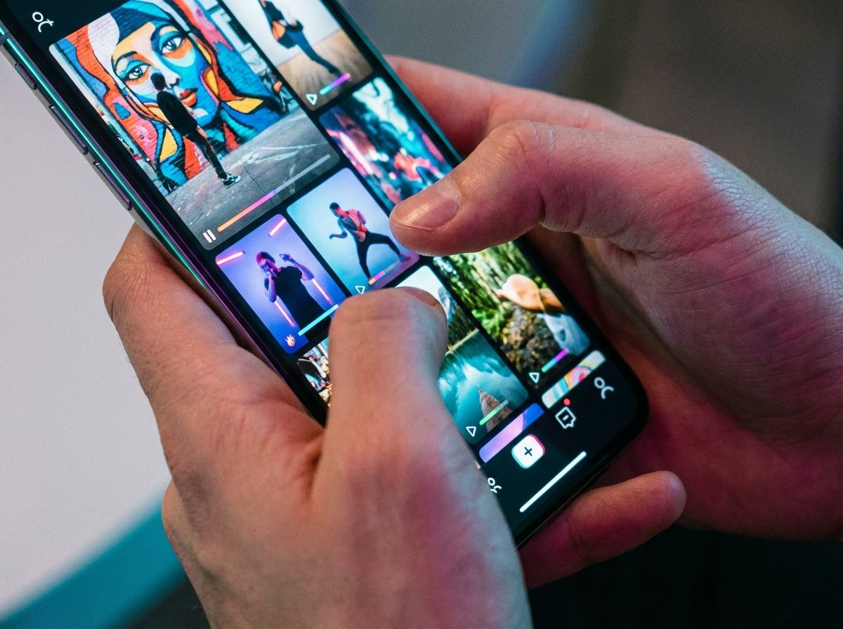 Close up of hands holding a smartphone, thumb scrolling on a vertical video feed, vibrant interface, modern tech aesthetic, no text, 4:3