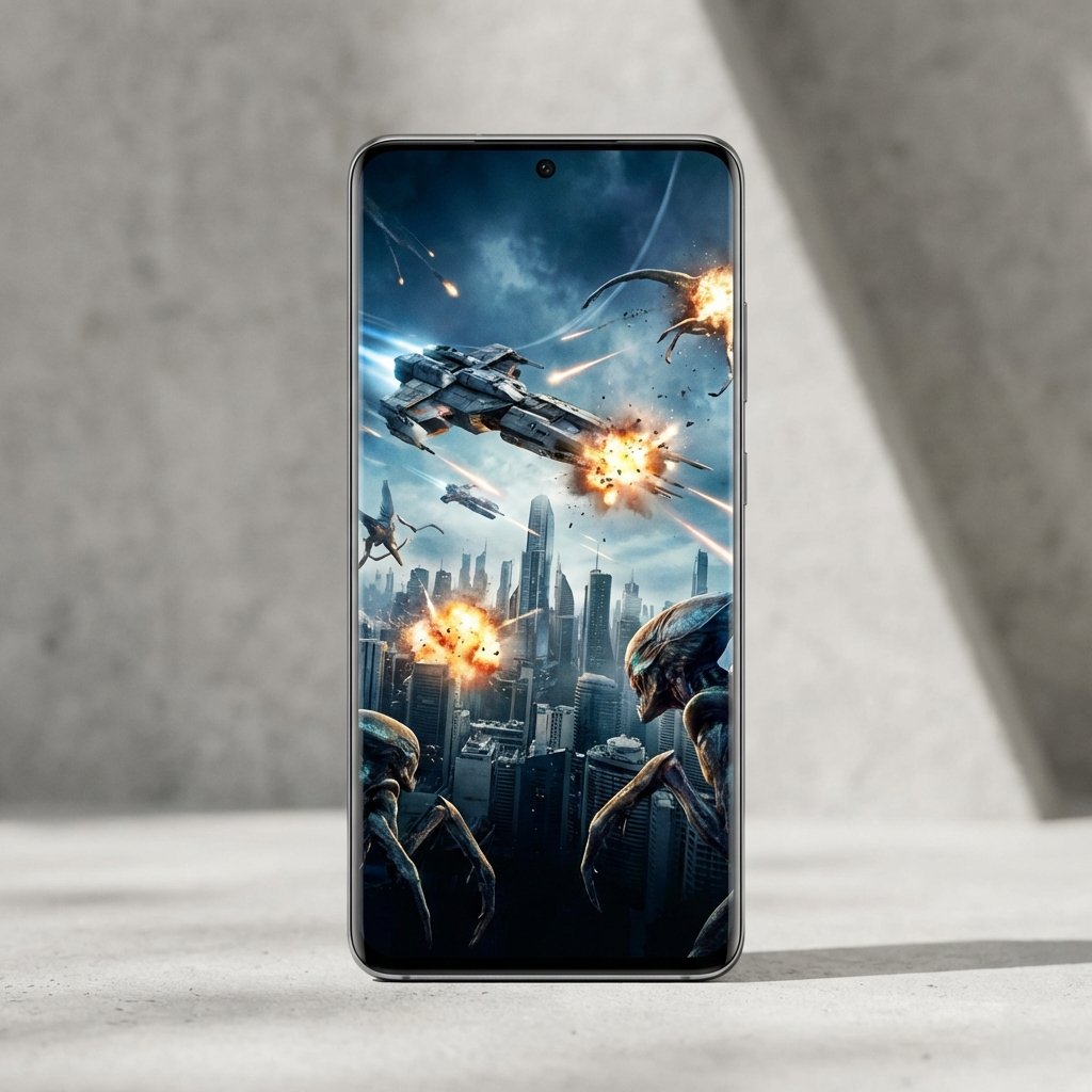 A sleek smartphone displaying a vertical video trailer of a sci-fi movie, high resolution, minimalist background, no text, 1:1