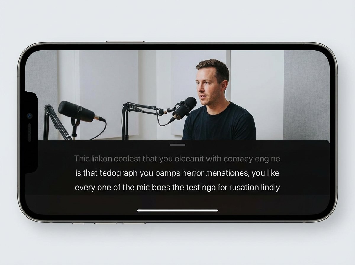 A split screen on a mobile phone showing a person talking in a studio for a podcast and subtitles below, clean design, no text, 4:3