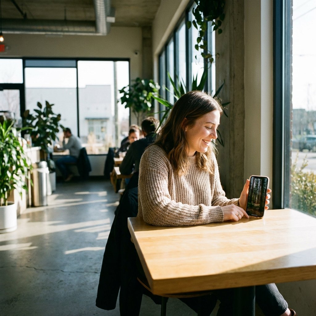 A person sitting in a modern cafe looking at a phone screen with vertical content, natural morning light, lifestyle photography, no text, 1:1