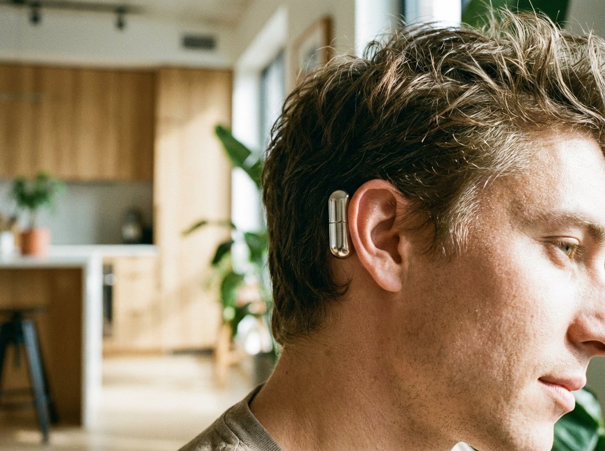 A lifestyle close-up shot of a person wearing a small, sleek metallic pill-shaped device behind their ear, natural daylight, soft focus background, modern aesthetic, no text, 4:3