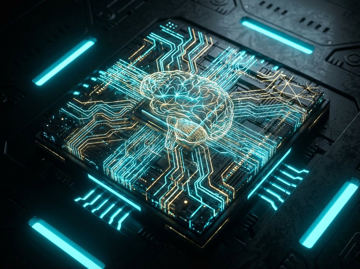 A detailed view of a futuristic 2nm microchip with glowing circuit lines and neural network patterns, dark background with cyan light accents, cinematic lighting, no text, 4:3