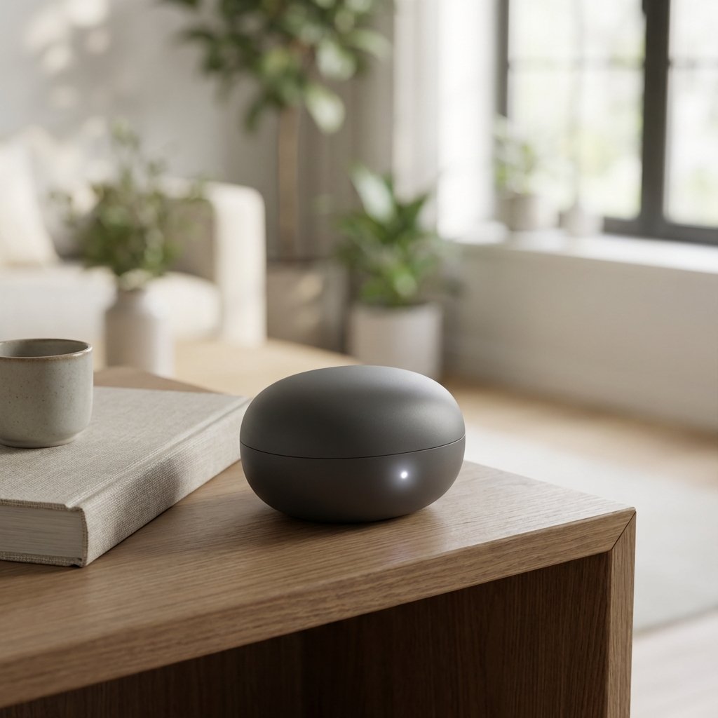 A sleek, egg-shaped charging case for a tech gadget, smooth matte texture, soft glowing status light, elegant composition, lifestyle setting, no text, 1:1