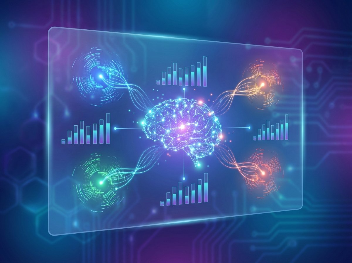 A modern digital interface showing a conceptual representation of an AI analyzing user data patterns to determine age groups. The background is a soft blue and purple gradient with subtle tech elements. No text is visible. High quality 4:3 aspect ratio.