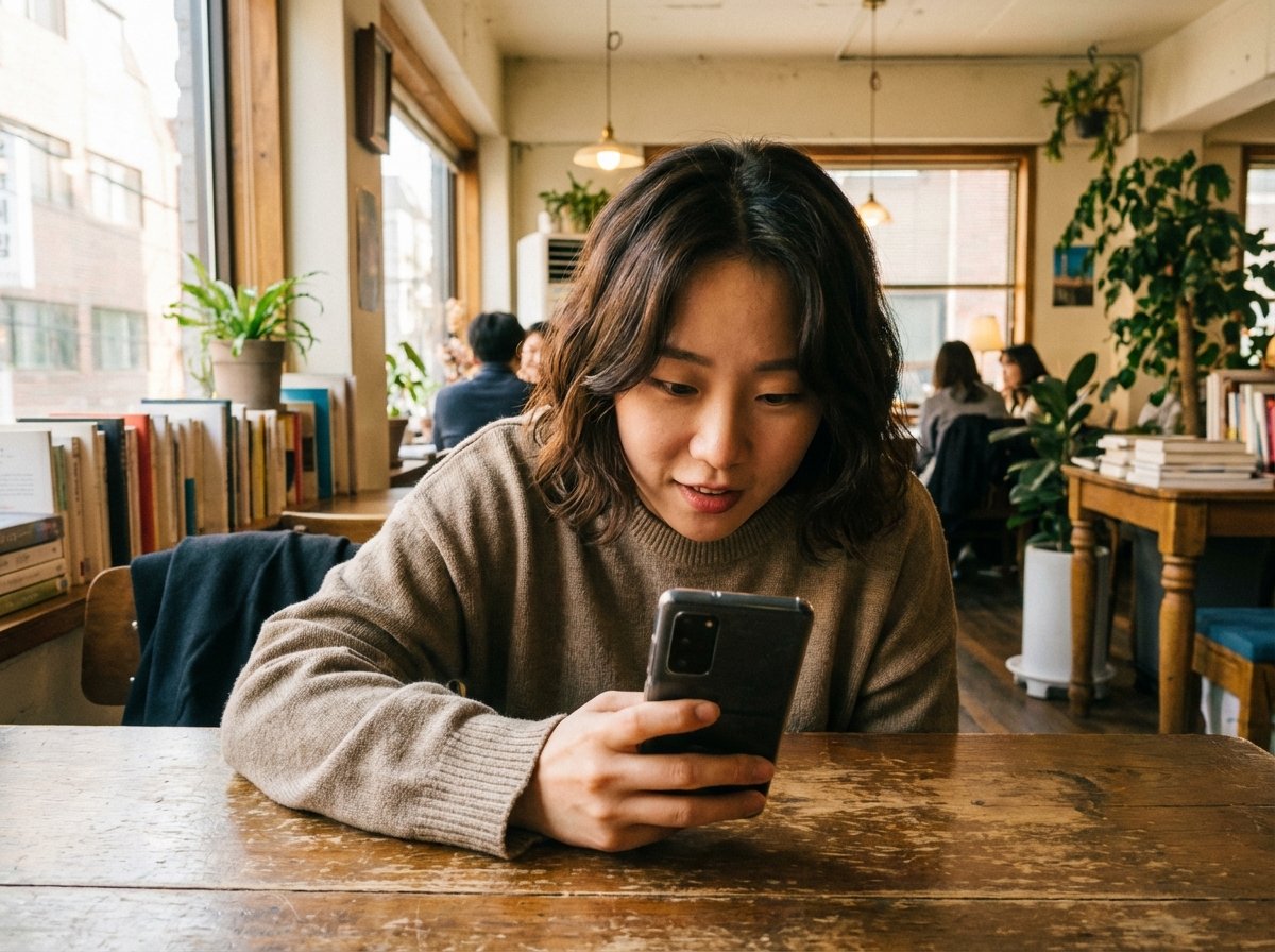 A young adult in Korea sitting in a cozy cafe, looking at a smartphone screen with a curious expression. The lighting is warm and natural. The person has a modern hairstyle and casual clothing. No text is visible on the phone. Photorealistic style 4:3 aspect ratio.