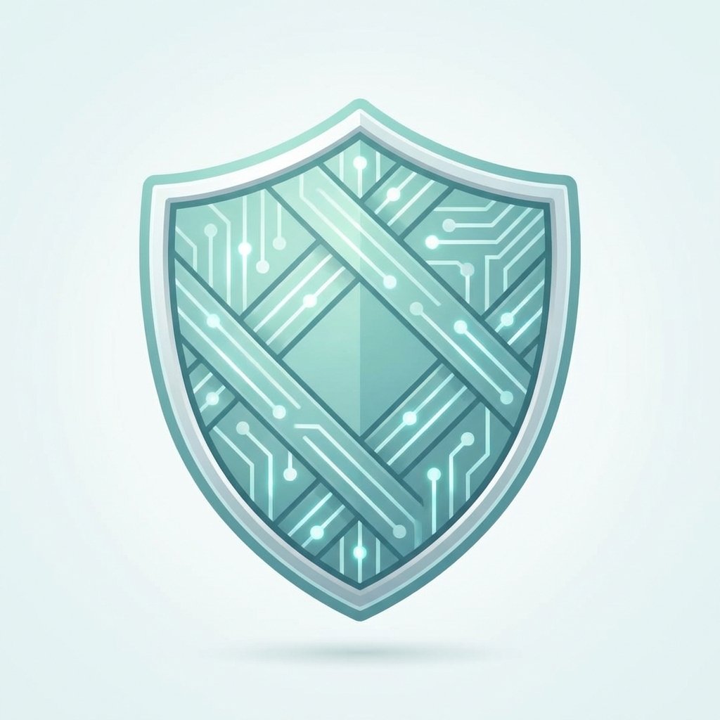 A clean and modern illustration of a shield combined with a digital circuit pattern, representing online safety and protection for younger users. The color palette is composed of soft teal and silver. No text or symbols. 1:1 aspect ratio.