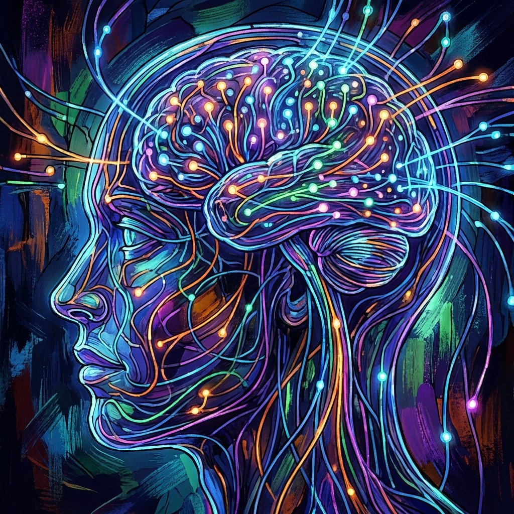 A stylized, artistic representation of a human profile integrated with fiber optic cables and glowing nodes, suggesting deep thinking and analysis. Vivid colors with high contrast. No text or alphabets. 1:1 aspect ratio.