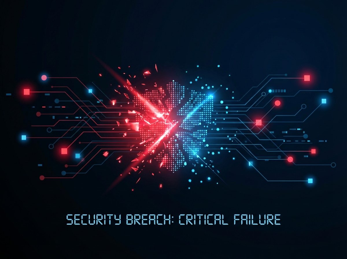 A conceptual image of a digital security breach with abstract tech patterns, glowing red and blue nodes representing data flow, high contrast, professional and clean layout. 4:3