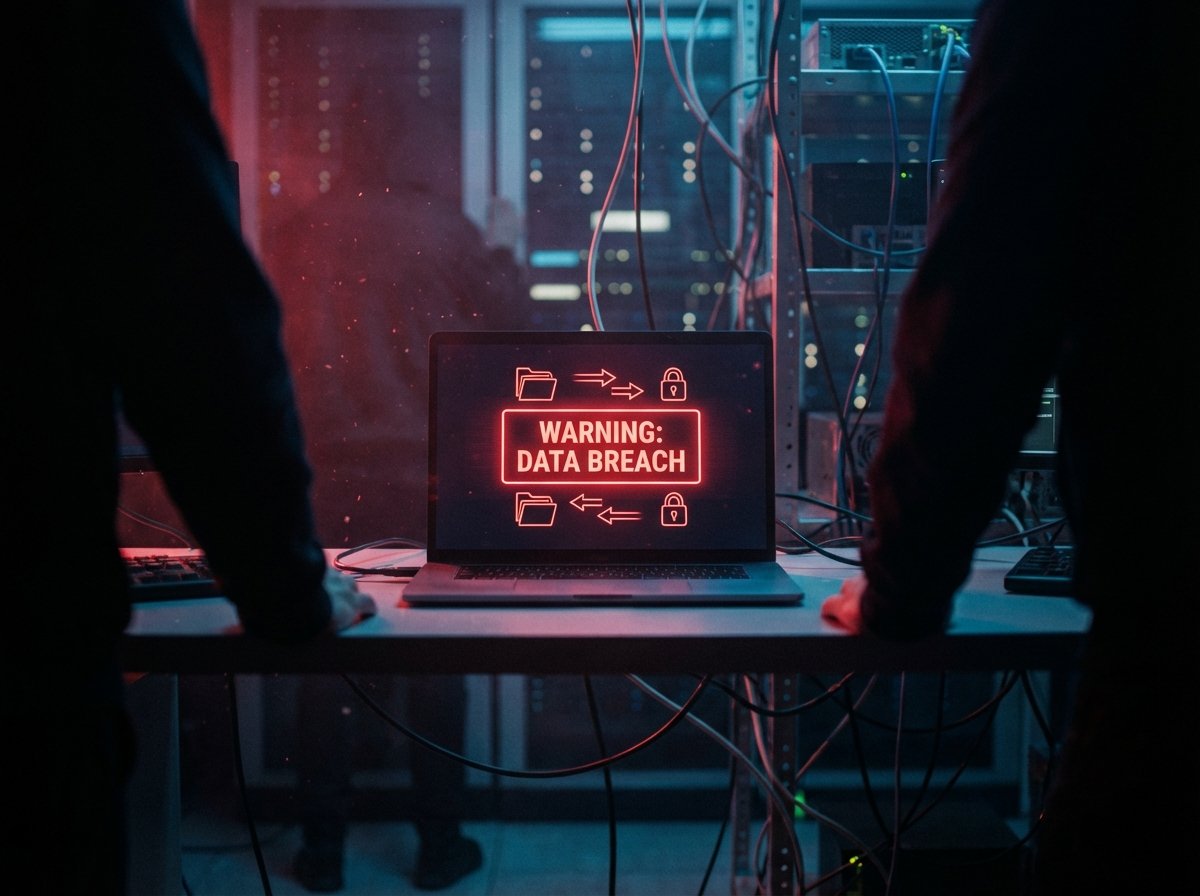 A dark room with a glowing red warning sign on a laptop screen, silhouettes of data transfer icons, mysterious and tense atmosphere, cinematic lighting. 4:3