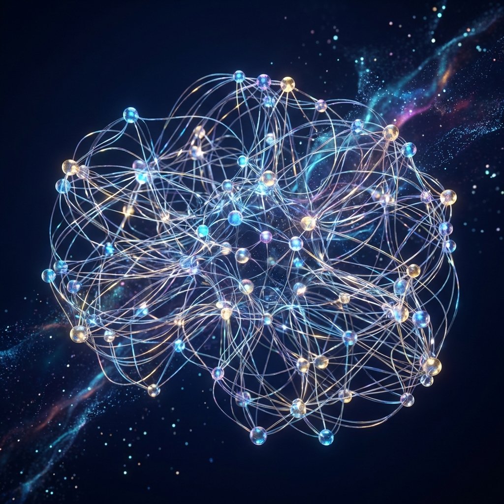 A complex and beautiful 3D visualization of a digital neural network with glowing nodes and connecting lines. The background is a deep navy gradient with high contrast. Clean and sophisticated tech aesthetic. 1:1