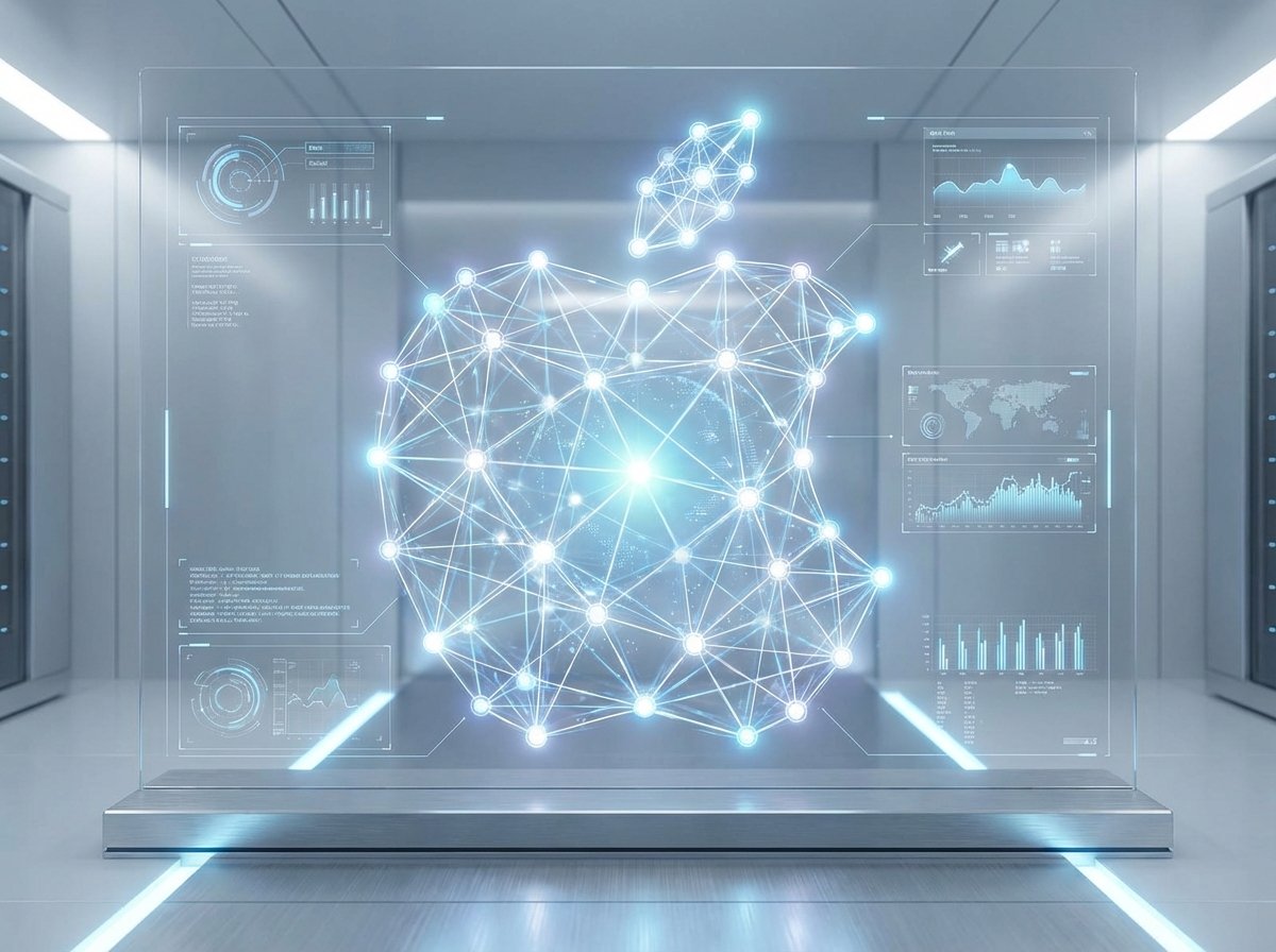 A futuristic digital representation of a neural network in the shape of an Apple logo, soft blue and white glowing light, high-tech interface elements, modern and clean design, 4:3