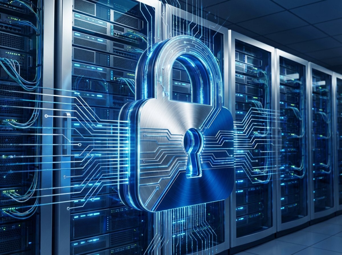 Conceptual digital art of data security, a stylized lock icon with glowing circuit lines, shades of metallic silver and deep blue, secure server rack background, 4:3