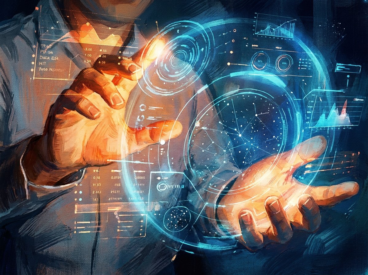 Artistic illustration of human hands interacting with holographic data displays, warm orange and cool blue color palette, textured brush strokes, innovative atmosphere, 4:3