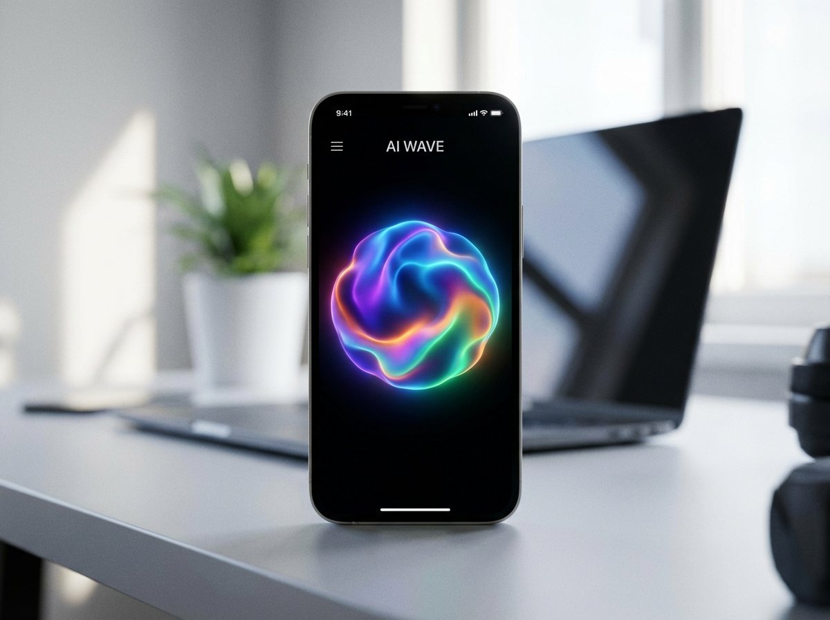 A high-end smartphone display showing a glowing, colorful fluid AI wave animation, minimalist interface, modern office desk background with soft bokeh, realistic photography, 4:3