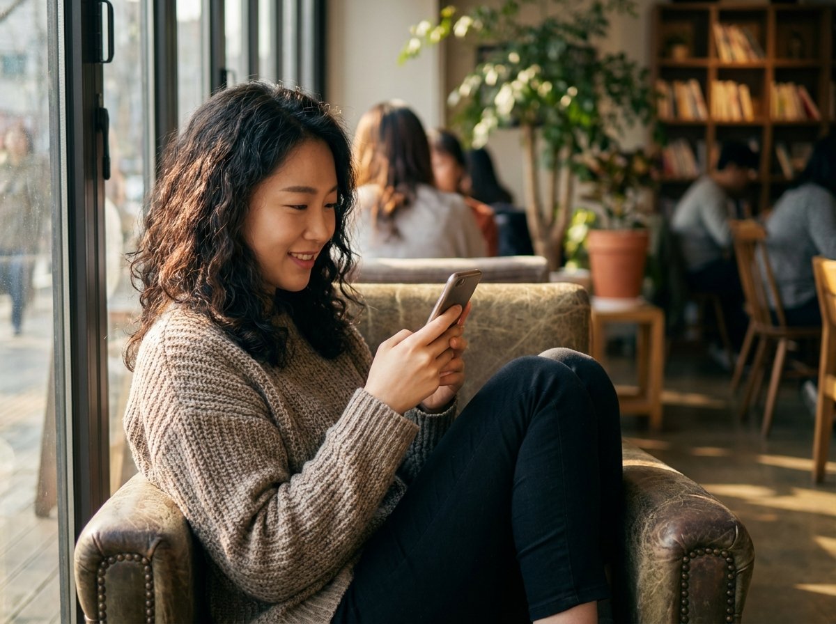 A Korean woman sitting in a cozy cafe, looking at her smartphone with a relaxed expression, natural daylight, soft focus background, realistic lifestyle photography, 4:3