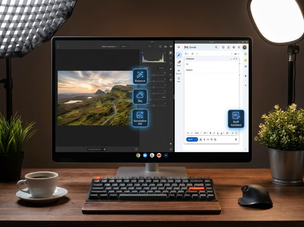 A digital workspace showing a tablet screen with photo editing tools and an email app open, subtle glowing AI icons integrated into the interface, professional lighting, 4:3