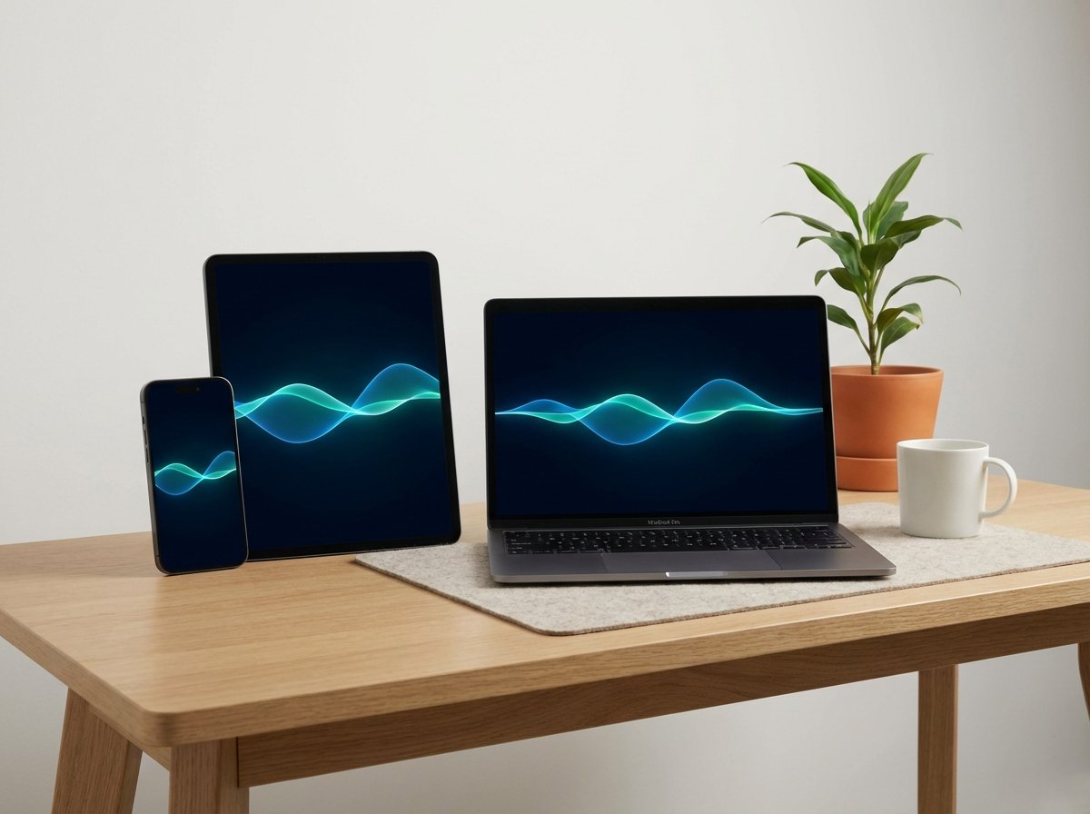 A clean minimalist desk with an iPhone, iPad, and MacBook Pro, all screens showing a unified AI assistant wave, soft studio lighting, high resolution, 4:3