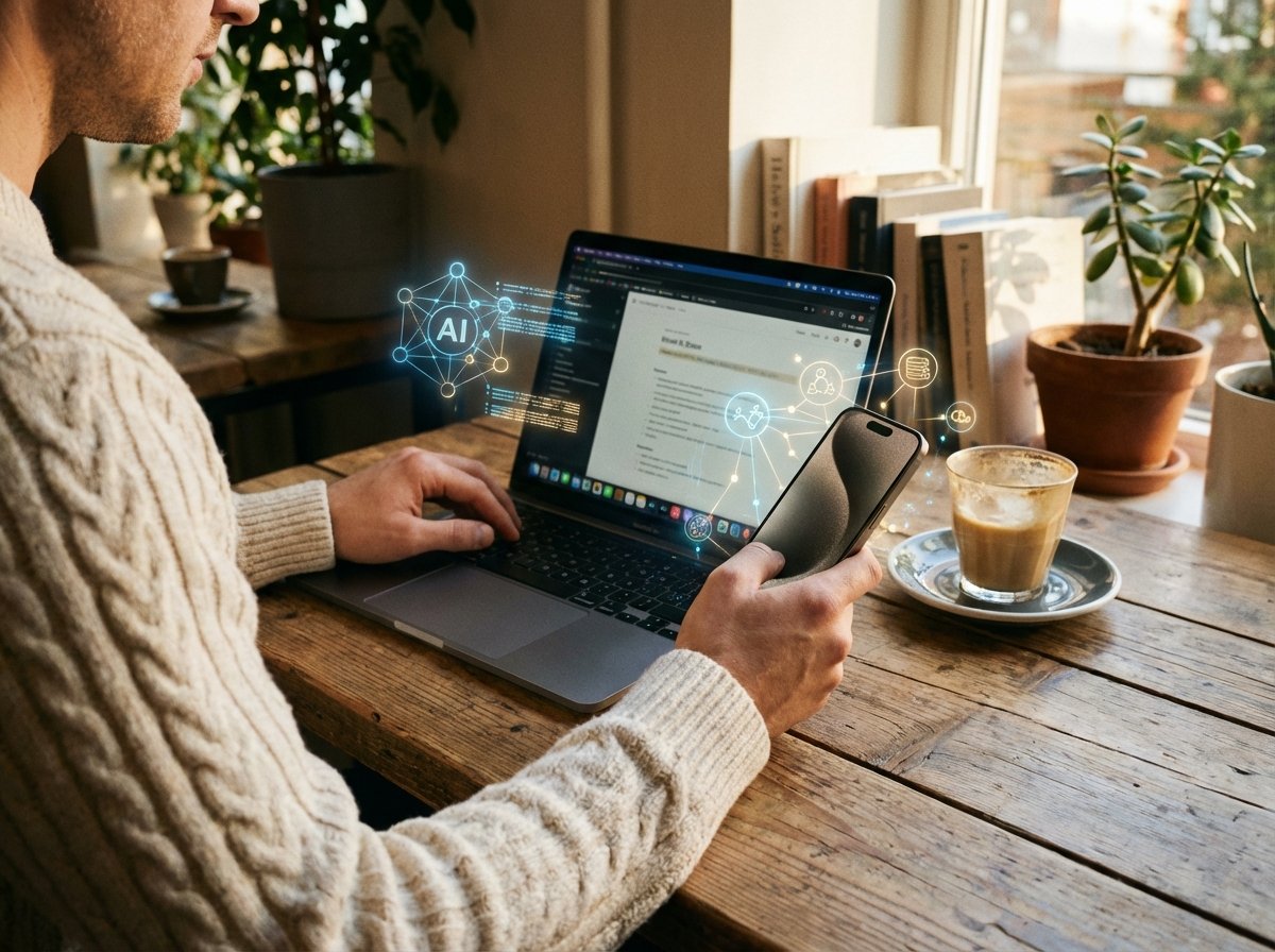 A person using an iPhone and a MacBook together in a cozy cafe, with glowing AI symbols floating subtly around the devices to signify advanced AI integration. Lifestyle photography, warm lighting, natural setting. 4:3