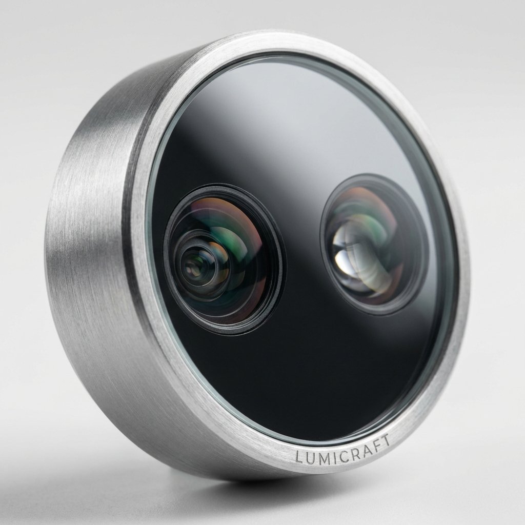 Close-up of a small circular gadget with dual camera lenses, brushed aluminum finish, glass front, professional product photography, 1:1