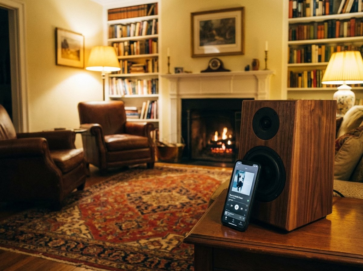 A smartphone placed next to high quality wooden bookshelf speakers in a cozy room, warm lighting, aesthetic setting, 4:3