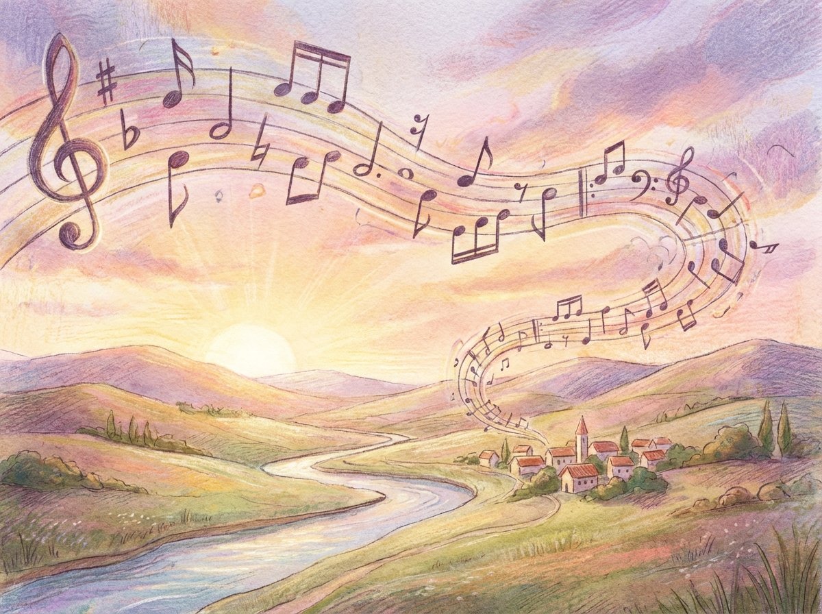 An artistic illustration of floating musical notes over a serene landscape with a soft sunrise background, textured surface, 4:3