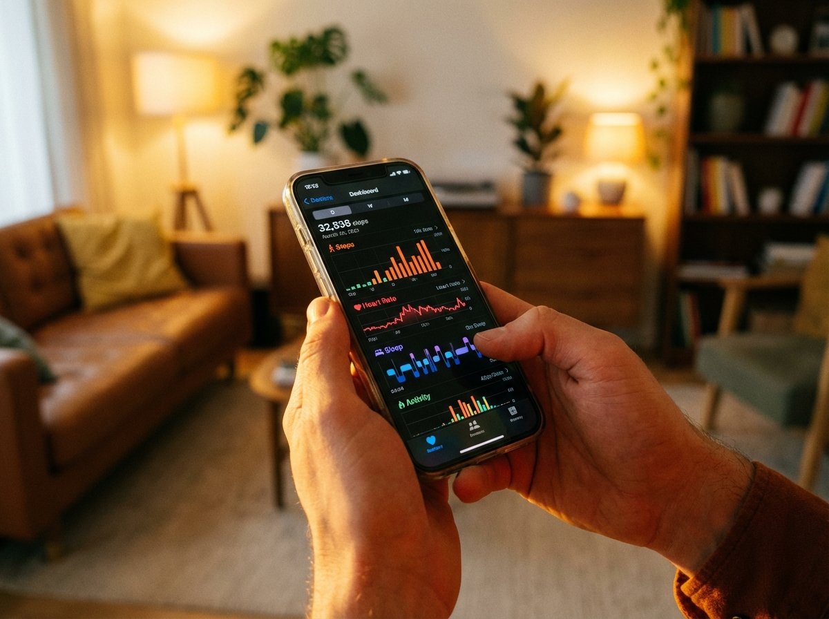 Close-up of a person's hands holding an iPhone showing a vibrant health dashboard with charts and graphs, warm indoor lighting, blurred background of a living room, 4:3