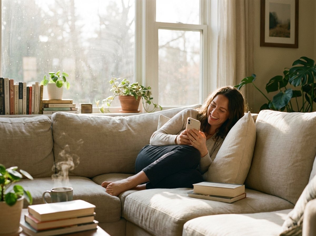 A happy person sitting comfortably on a sofa with an iPhone, soft morning sunlight through the window, peaceful atmosphere, high quality photography, 4:3