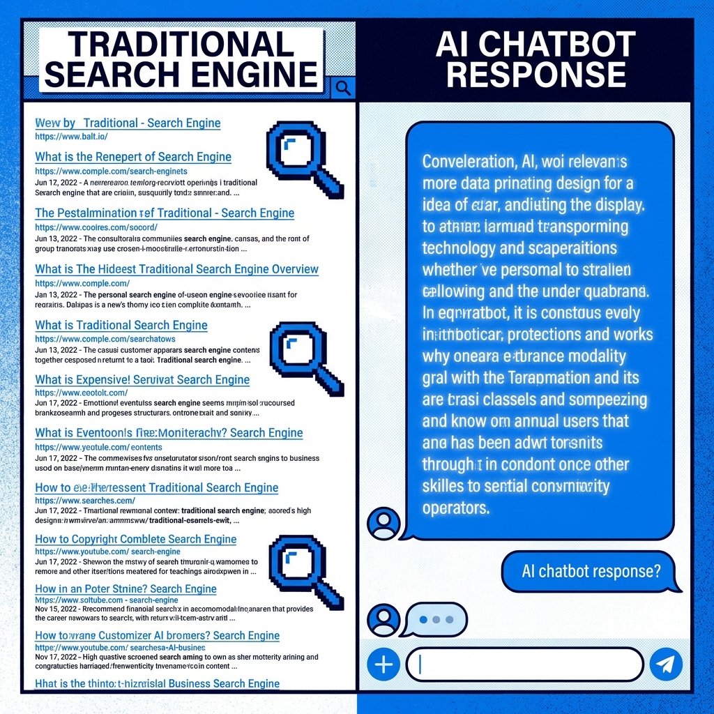 An artistic illustration of a split screen showing search results from a traditional engine on one side and an AI chatbot response on the other. Bright and high contrast layout with blue and white tones. 1:1