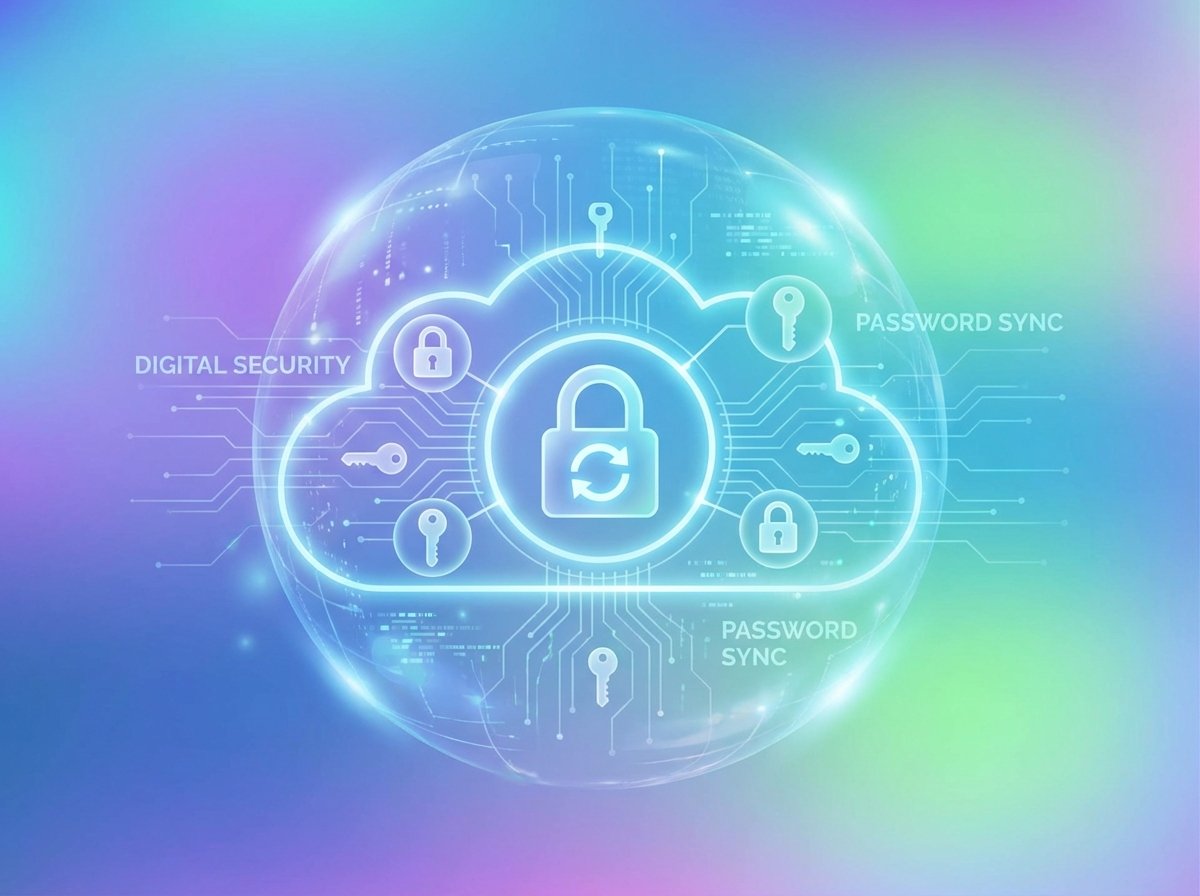 A conceptual illustration representing digital security and password synchronization. Icons of keys and locks floating in a safe digital cloud environment. Modern gradient background with soft lighting. 4:3