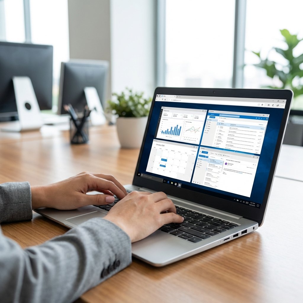Close-up shot of hands typing on a sleek silver laptop in a modern office. On the screen, a browser is open with multiple organized windows. Professional and clean aesthetic, cinematic lighting. 1:1