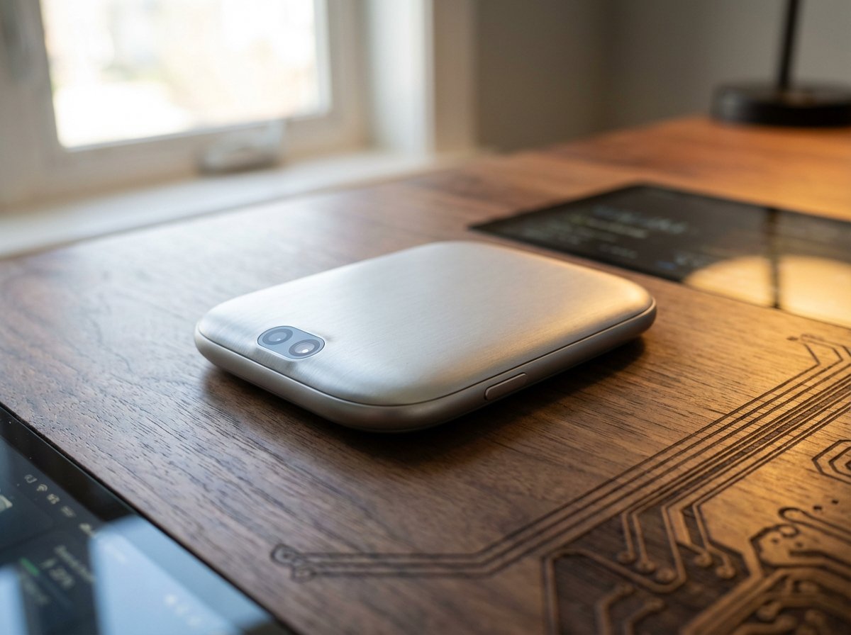 A sleek minimalist wearable device resembling a metallic pebble with dual camera lenses and a small physical button on its edge, placed on a high-tech wooden desk, soft lighting, depth of field, 4:3