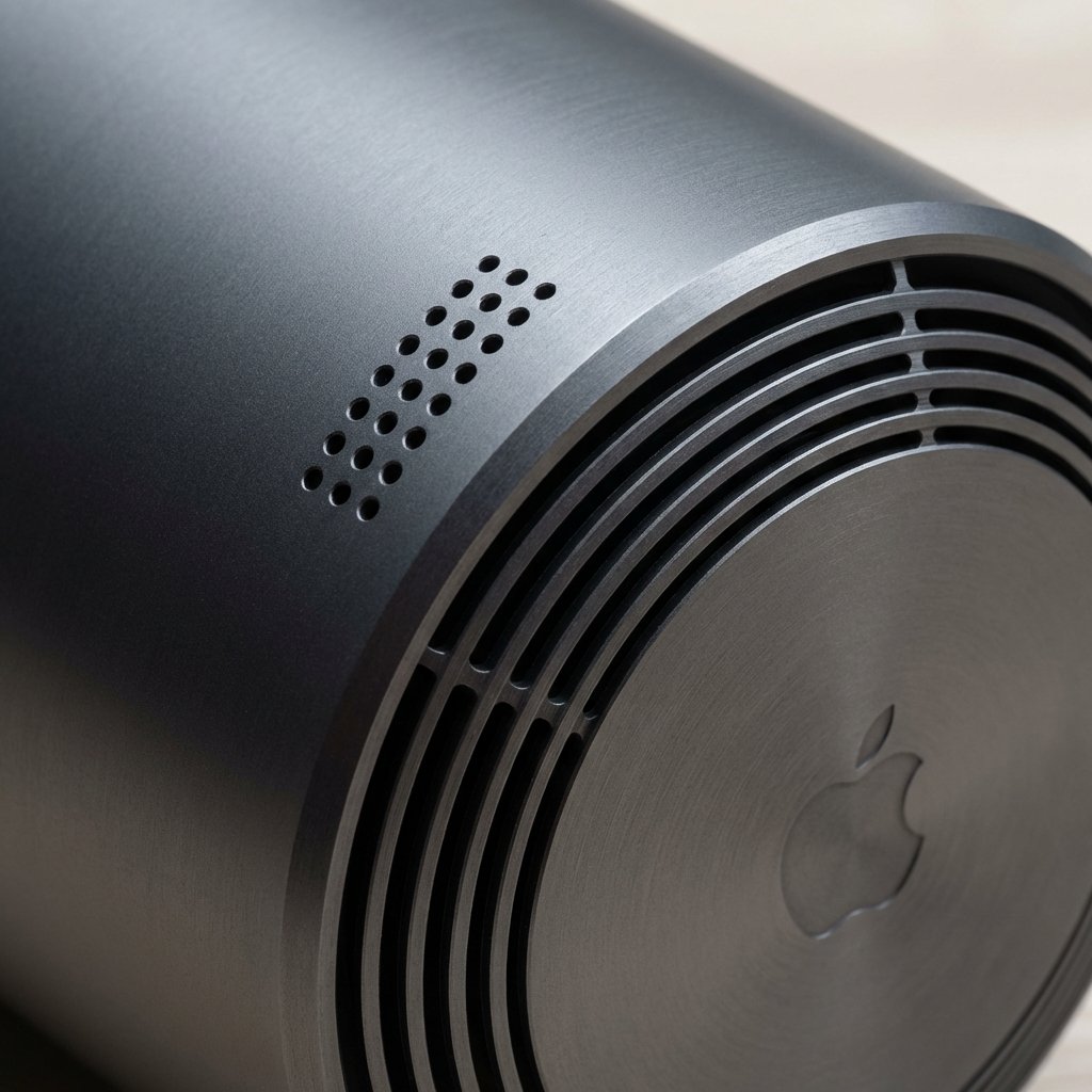 Close up of a conceptual AI hardware device with multiple microphones and speaker grilles, minimalist apple-inspired design, dark gray aluminum finish, macro photography, 1:1